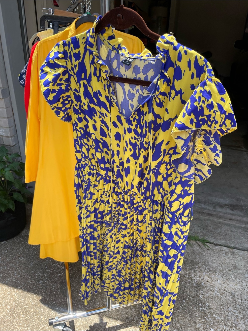 Yellow & Blue Printed Ruffle Sleeve Midi Dress